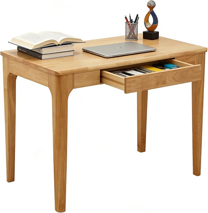 Solid Wooden Desk with Drawers, Small Writing Desk with Drawers for Computer, PC Desk for Work, Study or Gaming, Easy to Assemble (Natural, 31.5IN) by Unknown