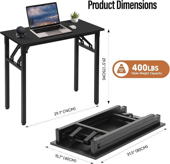 Panana Small Foldable Computer Desk, 31.5 inch Folding Home Office Desk for Small Spaces, Modern Simple Style for Home, Office, Study, Writing, No Assembly Required (Black, 31.5" x 15.7") - Image 3