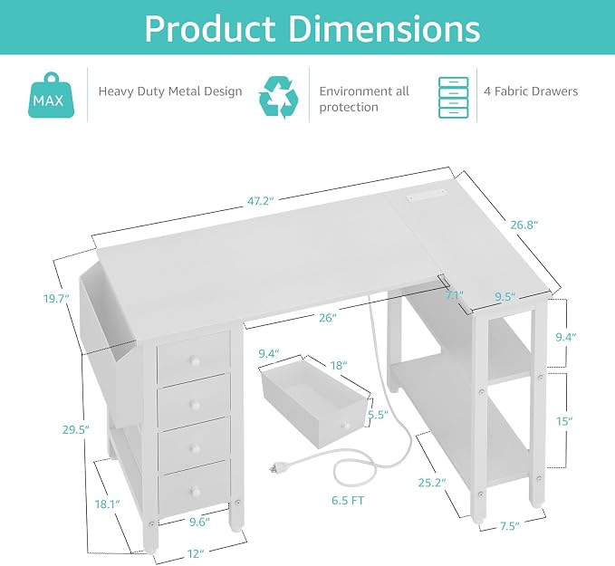 Lufeiya White L Shaped Computer Desk with Drawers & Storage Shelves, 47 Inch Corner Reversible Desk with Power Outlet for Home Office Bedroom, L-Shaped Teen PC Desks with Fabric Drawer, White - Image 3