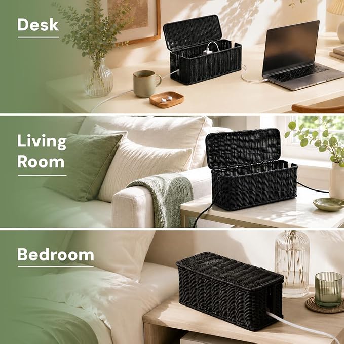 Cable Management Box, Handmade Rattan Cable Organizer with 2 Open Slots, Cord Hider for Power Strip, Router & USB Hub, Registered U.S. Design Patent (D1,112,102), 13" x 5.1" x 5.1", Black - Image 7