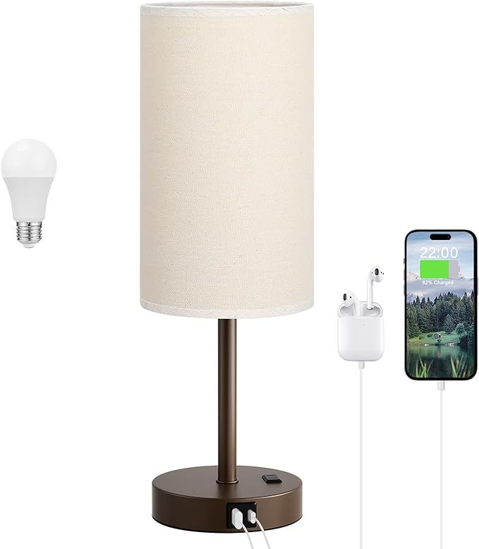 Dicoool 17.4" Bedside Lamp for Bedroom - Dimmable Touch, USB A+C, AC Outlet | LED Bulb Included, 3-Way Dimmable, 17.4" Table Lamp for Living Room, Dorm, Beige Fabric Lampshade, Brown Metal Base by DicooolDirect