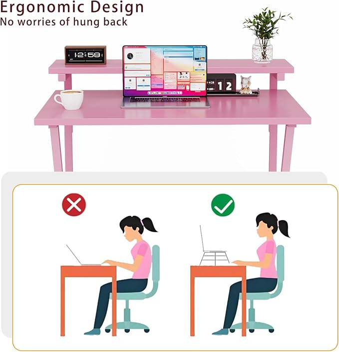 COTUBLR Small Desk, 27.5 Inch Small Computer Desk for Spaces, Computer Desks with Adjustable Monitor Stand, Compact Desks with Storage, Tiny Study Table for Bedroom Home Office, Pink - Image 5