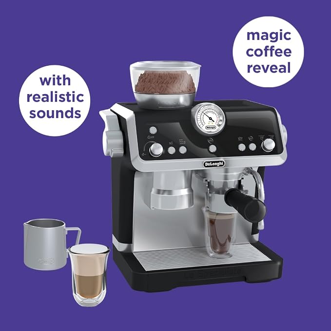 Casdon De'Longhi Toys Barista Coffee Machine. Toy Kitchen Playset for Kids with Moving Parts, Realistic Sounds and Magic Coffee Reveal. For Children Aged 3+, Silver, Black - Image 3