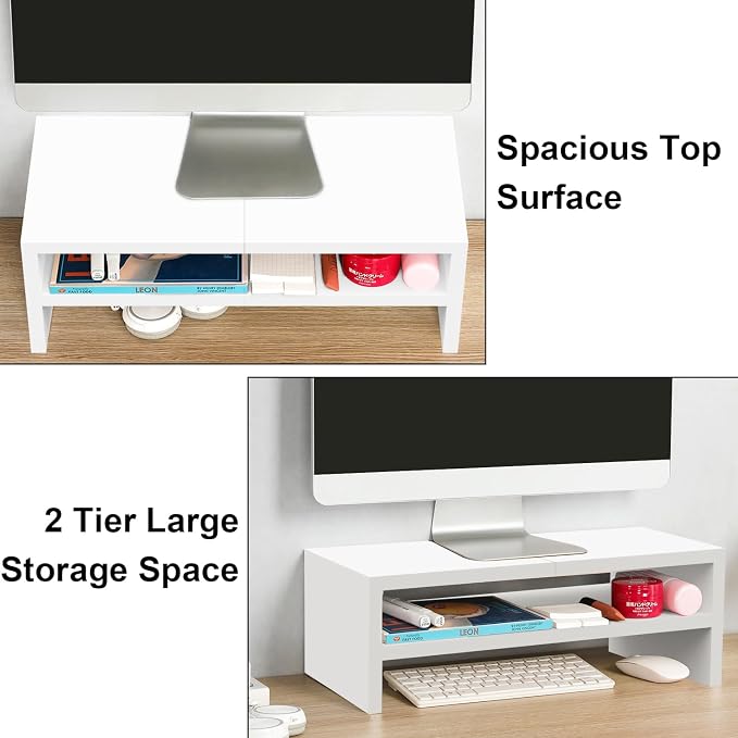 TEAMIX 20 inch White Monitor Riser Stand - 2 Tiers, Wood Desktop Bookshelf | Laptop/PC/Printer/Keyboard Storage, Ergonomic Design, 15mm thick Sturdy Wood Boards, TV Stand, Home Office Desk Accessories - Image 3