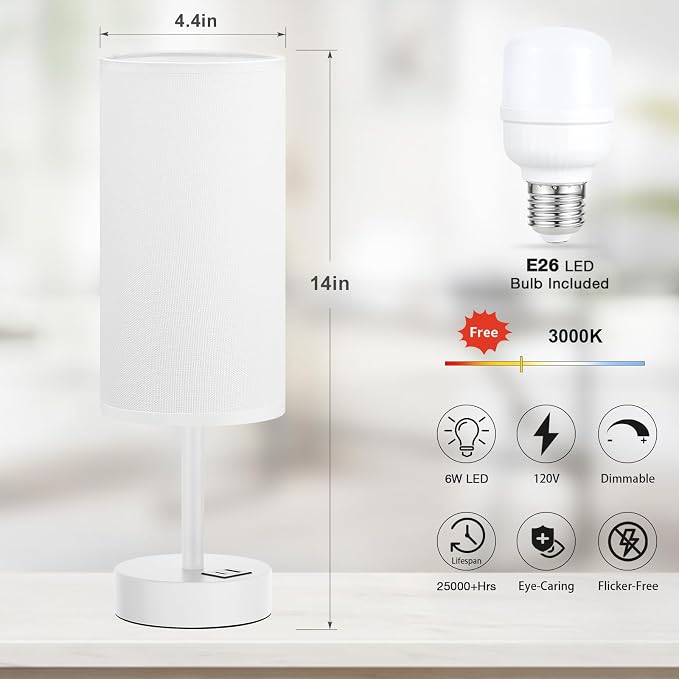 Dicoool Bedside Table Lamp for Bedroom - 3-Way Dimmable Touch Lamp, USB A+C | LED Bulb Included, 14" Small Nightstand Lamp for Desk, Living Room, Guest Room, White Fabric Lampshade, White Metal Base - Image 5
