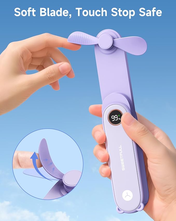SWEETFULL Portable Handheld Mini Fan with LED Display, 3-in-1 Personal Foldable USB Rechargeable Hand Held Fan & Flashlight for Travel, Lash Eyelash, Cute Small Pocket for Women, Girls - Image 7
