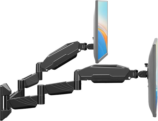 Long Arm Dual Monitor Wall Mount, Gas Spring Wall Monitor Arm for 17-32" Screens, 27.1" Extra Long Monitor Mount, Holds up to 17.6 lbs Each, Full Motion VESA Mount, 75/100, Black by ERGOFOCUS