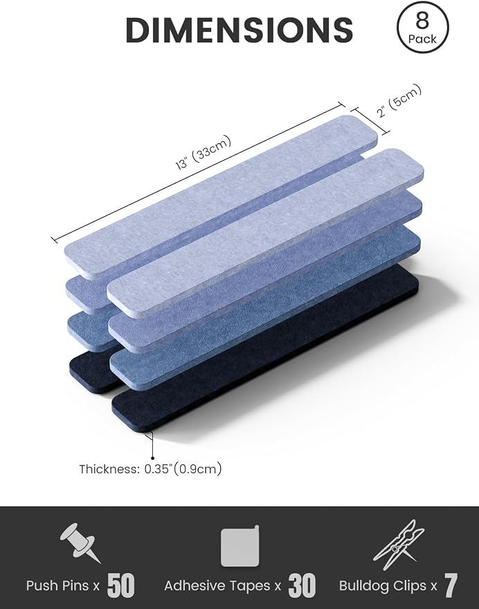 Fluxynara 13" x 2" Felt Wall Panels, Denim Mist | 8-Pack Includes 50 Push Pins and Adhesive Tabs for Photos, Notes and Decor in Bedroom Doors, Home Office or Studios - Image 2