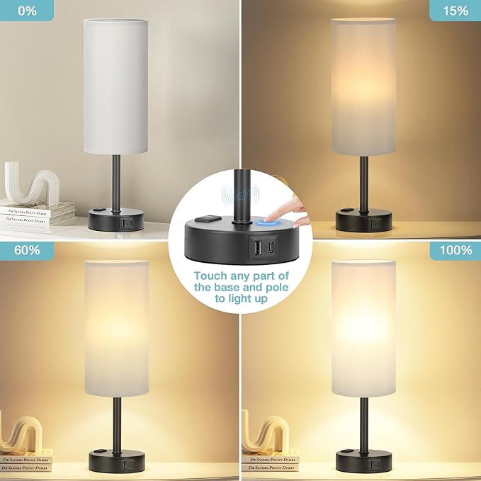Fenmzee Grey Touch Bedside Lamp for Bedroom - 3 Way Dimmable Table Lamp USB C Charging Ports and AC Outlet, Small Desk Lamp for Living Room, Office, LED Bulb Included - Image 2