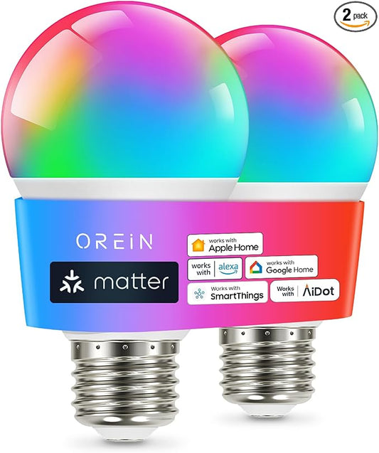 OREiN Matter Smart Light Bulb, Smart Light Bulbs Work with Apple Home, Alexa, Google Home, SmartThings, A19 Color Changing Light Bulbs 2.4Ghz WiFi, 800 Lumens Equivalent 60W 2Pack by OREiN