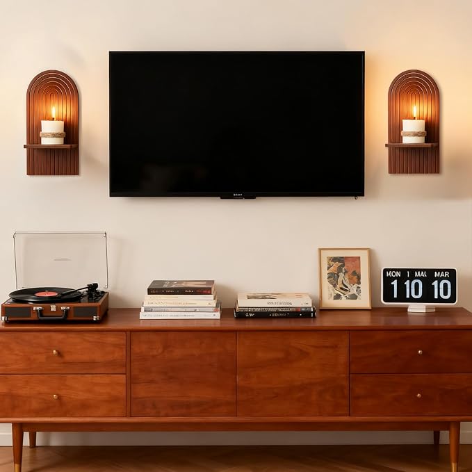 Mid Century Modern Walnut Wall Candle Holder Set of 2 | 3D Arch Candle Sconces, MCM Decor, Wooden Minimalist Shelf, for Plants or Pillars, for Living Room Fireplace - Image 4