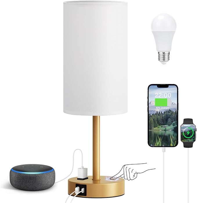 Fenmzee Gold Nightstand Bedroom Lamp - 3 Way Dimmable Bedside Lamp USB C A Charging Ports and AC Outlet, Small Table Lamp Linen Lampshade for Office Desk by Fenmzeelighting