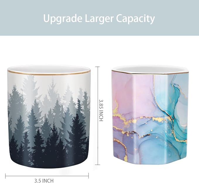 Large Capacity Pen Pencil Holder for Desk, Ceramic Pens Cup Cute Makeup Brushes Holder, Unique Desk Multifunctional Pen Organizer for Home, Office, and School, Forest Pattern - Image 4