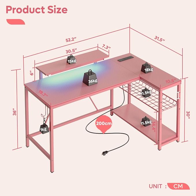 Bestier 52-Inch L-Shaped Gaming Desk with Charging & LED, Pink | Charging 3AC+2USB, RGB LED 20 Colors/22 Modes, Reversible Storage Shelves, Carbon Fiber Texture, Headphone Hook, 52 in - Image 3