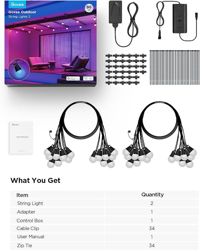 Govee Smart Outdoor String Lights 2, 96ft RGBIC Patio Lights with 30 Bulbs | Dimmable Warm White LED Bulbs, IP65 Waterproof, 47 Scene Modes for Backyard, Balcony, Work with Alexa, App Control - Image 9
