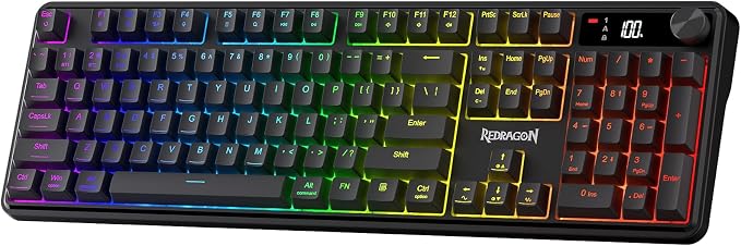 Redragon K526 PRO Wireless RGB Membrane Gaming Keyboard, LED Screen & Knob | See Battery, Mode & Time at a Glance, 0-Delay Tri-Mode, One-Touch Backlit & Media Adjust, 26-Key Anti-Ghost for Combo-Strike by REDRAGON