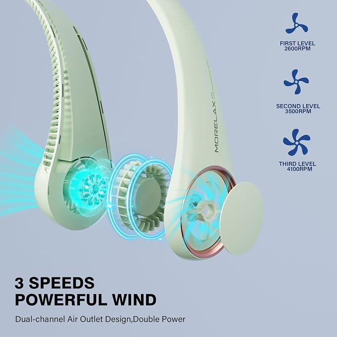 Morelax Neck Fan, USB Rechargeable Personal Fan,Hand Free Bladeless Portable Fans,4000 mAh, 3 Speeds,72 Air Faster softer 360° Cooling, Ultra Quiet,Gift Suitable for Home, Office, Travel, Sports Green - Image 3