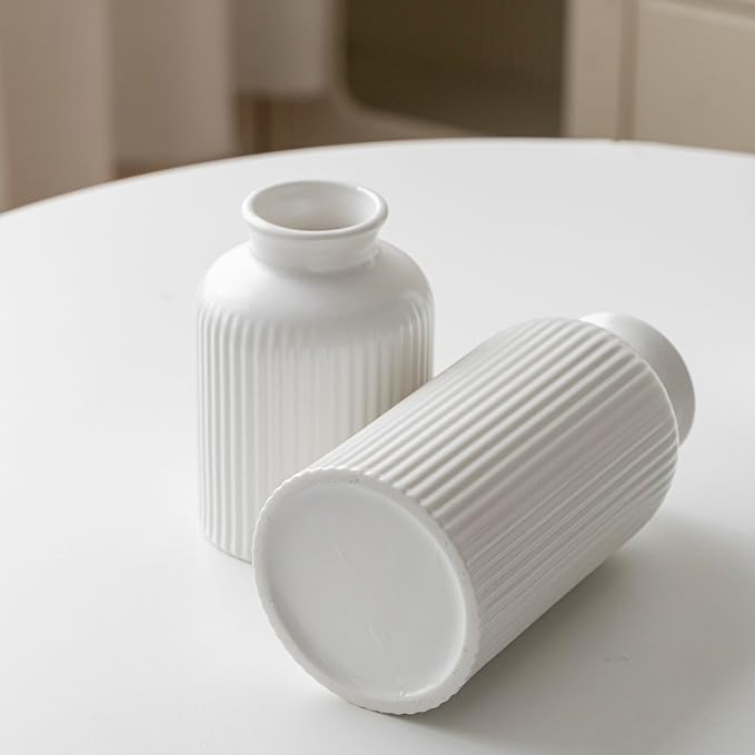 Large Modern Ceramic Vase Set, White Ribbed Matte Design, 10 Inch Tall, 4 Inch Width, 3-Piece Decorative Vases for Home, Living Room, Office (XL Matte Glaze White) - Image 8