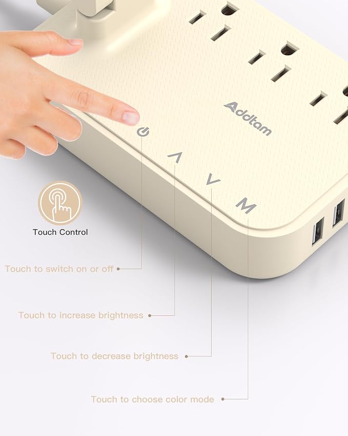 Addtam LED Desk Lamp, Power Strip with 3 Outlets 4 USB Charging Ports(2 USBC), 4 Modes 5 Level Brightness Touch Lamp, Small Desk Lamp for Home Office College Dorm Room Essentials, Cream - Image 7