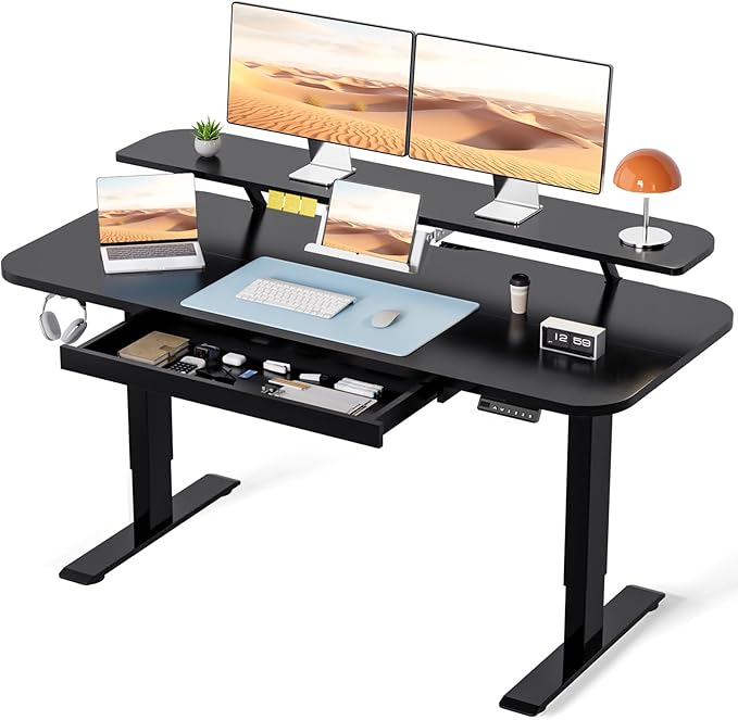 COMHOMA Electric Standing Desk with Drawers, 48 x 24'' Sit Stand up Desk with Monitor Stand, Laptop Stand, Height Adjustable Ergonomic Home Office Computer Desk with Memory Preset Controller (Black) by ComHoma