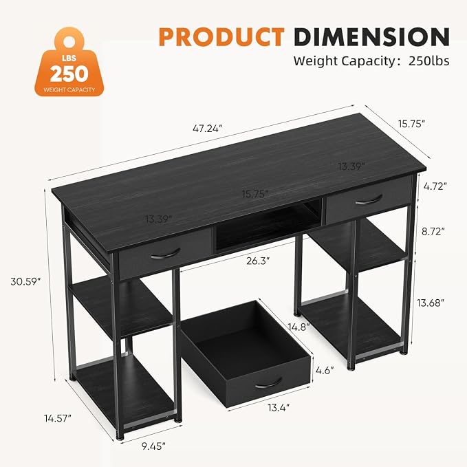 47 Inch Computer Desk with 2 Drawers, Home Office Desk with Wooden Shelves, Study Writing PC Table for Small Spaces, Bedroom, Dorm or Living Room, Black - Image 3