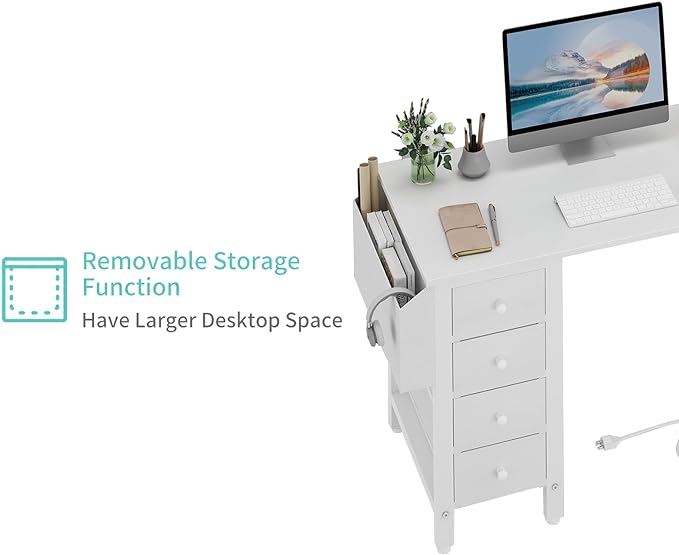 Lufeiya White L Shaped Computer Desk with Drawers & Storage Shelves, 47 Inch Corner Reversible Desk with Power Outlet for Home Office Bedroom, L-Shaped Teen PC Desks with Fabric Drawer, White - Image 7