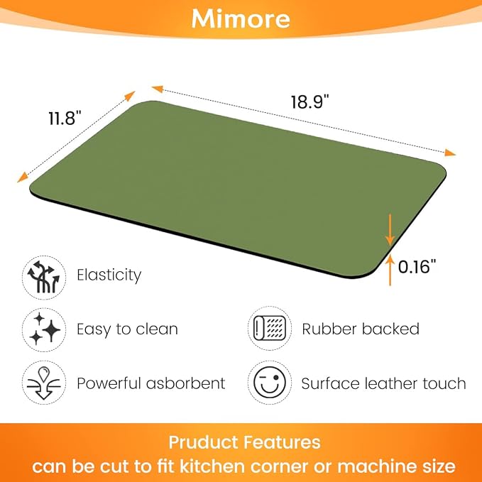 Mimore Coffee Mat - 12x19 Inch Green Countertop Mat - Absorbent, Hides Stains, Rubber Backed - Dish Drying Mat Fits Under Coffee Maker or Espresso Machine - Image 6