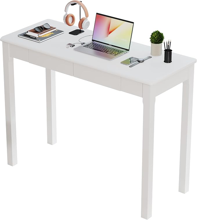 Wood Desk with Drawers - Solid Wood Mid Century Modern Desks for Bedroom, Small Computer Desk for PC, Laptop, Study, Makeup, 39.4 W x 29.5 H x 15.75 D in, White - Image 8