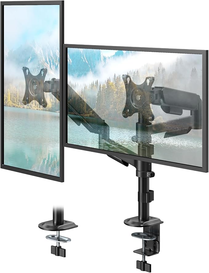 PUTORSEN Dual Monitor Stand for 17-32 Inch Screens, VESA 75/100 | Full motion dual monitor desk mount supports 19.8 lb per arm with tilt, swivel, rotation and C-clamp or grommet base. by PUTORSEN