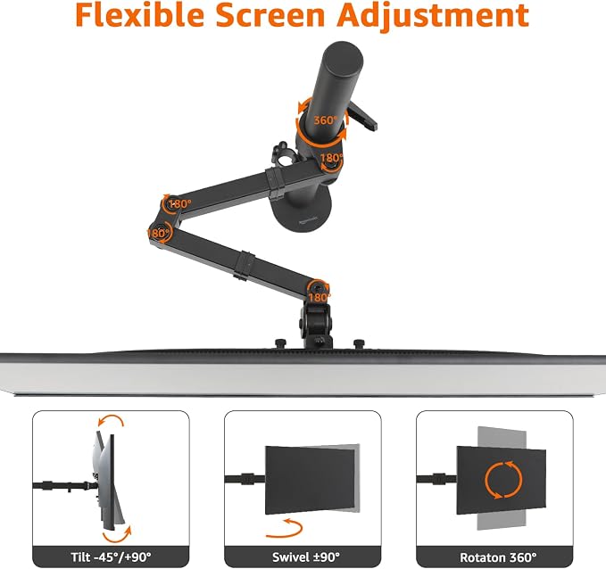 Amazon Basics Adjustable Single Monitor Arm Desk Mount, Holds up to 32" (38” Ultrawide) and 22 lbs, Adjustable Tension, VESA 75x75/100x100, Black - Image 3