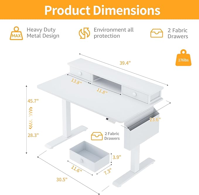 White Electric Standing Desk with Drawers - 40 Inch Small Standing Desk with Shelf Monitor Stand Storage Height Adjustable for Home Office, Study Writing Girls Computer Sit Stand Desks for Bedroom - Image 3