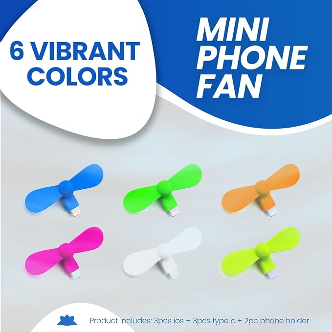Mini Cell Phone Fan for Hot Flashes, Colorful & Powerful Fans Compatible with iPhone, iPad, Android Smartphones & Tablets, USB C Mobile Accessories, 3 iOS + 3 Type C + 2 Silicone Suction Cup Mount - Image 2