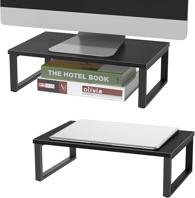 Monitor Riser 2 pack Monitor Stand for Desk Wood, Black | Laptop Stand Riser Wood, Computer Stand for Desk Shelf, for Office Laptop, Desktop Organizers, Easy Installation by NORCEESAN