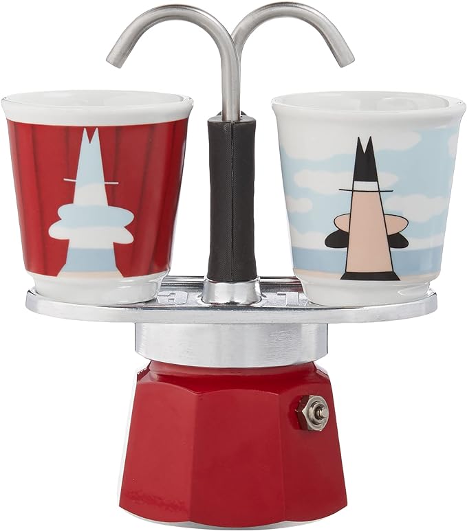 Bialetti - Mini Express Magritte: Moka Set includes Coffee Maker 2-Cup (2.8 Oz) + 2 shot glasses, Red, Aluminium - Image 2