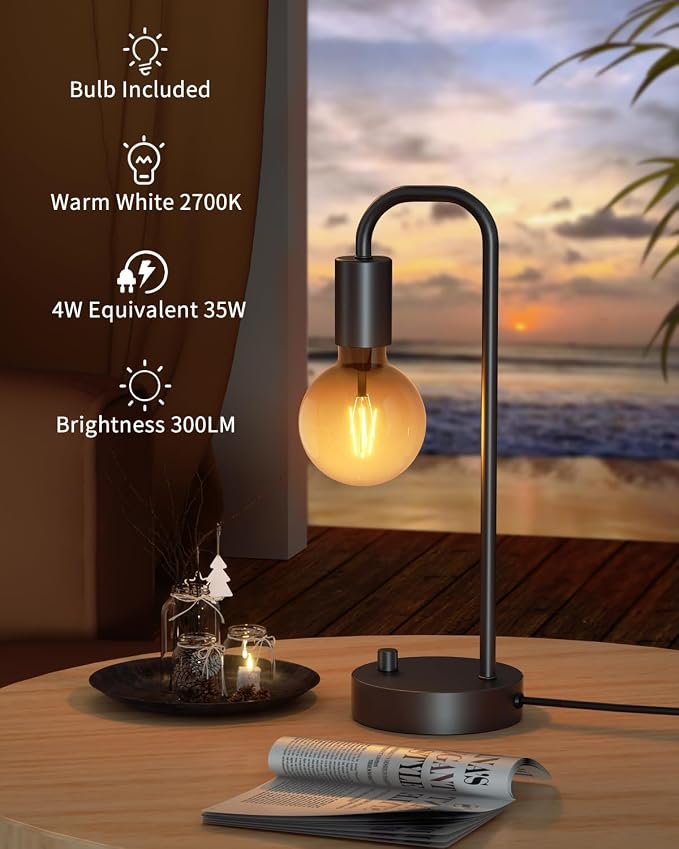 ONEWISH Industrial Table Lamp Set of 2, Fully Dimmable Beside Lamp with Gradient Black Art LED Bulb, Modern Nightstand Desk Lamps for Bedroom, Living Room, Office, Reading(Bulb Included) - Image 3