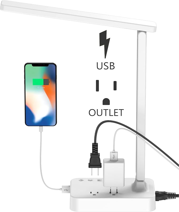 Drevet LED Desk Lamp, Desk Light with 1 USB Charging Port and 2 AC Power Outlet, 3 Lighting Modes, 3 Level Brightness,1H Timer, Touch Control, Eye-Caring Home Office Foldable Table Lamp (White) by Drevet