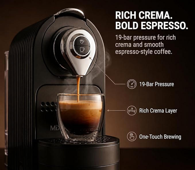 Mixpresso Espresso Machine, Compatible with Nespresso OriginalLine Capsules | 1400W single serve coffee maker with one-touch operation, 19-bar Italian pump and 27oz water tank, black - Image 4