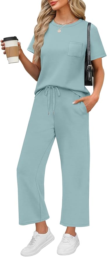WIHOLL 2 Piece Sets for Women Casual Summer Travel Vacation Outfits Short Sleeve Wide Leg Crop Pants Lounge Sets by WIHOLL