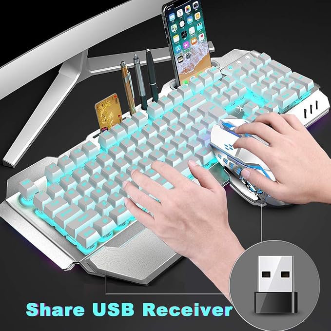 Wireless Keyboard and Mouse, Blue LED Backlit Rechargeable Keyboard with 3800mAh Battery, Metal Panel, Removable Hand Rest Mechanical Feel, 7 Color Gaming Mute Mouse for PC Gamers - Image 2