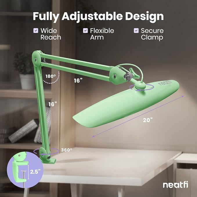 Neatfi XL 2200 Lumens 24W LED Desk Lamp – Shadow-Free Task Lighting | 4-Level Dimming | Home Office & Crafts Use | 20-Inch Wide Head (Midnight Green, Non-CCT with Clamp) - Image 7