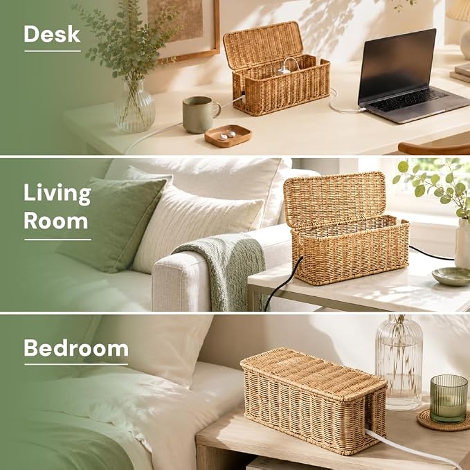 Cable Management Box, Handmade Rattan Cable Organizer with 2 Open Slots, Cord Hider for Power Strip, Router & USB Hub, Registered U.S. Design Patent (D1,112,102), 13" x 5.1" x 5.1", Natural - Image 7