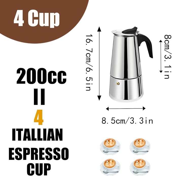 4 Cup Stovetop Espresso Maker Stainless Steel Moka Pot Stove Top Percolator Italian Coffee Makers Capable Mocha Greca Machine Cafe Classic Induction Cookers for Home and Camping 200ml 6.6oz - Image 3