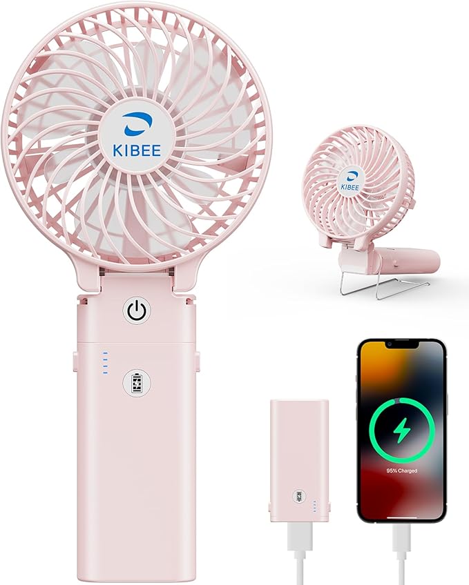 KIBEE 5200mAh Portable Handheld Fan, 20H Max Runtime USB Rechargeable Foldable 180° Mini Personal Fan, 3 Speeds Quiet Cooling Fan with Stand & Power Bank, Travel Outdoor Makeup Concerts (Pink) by KIBEE