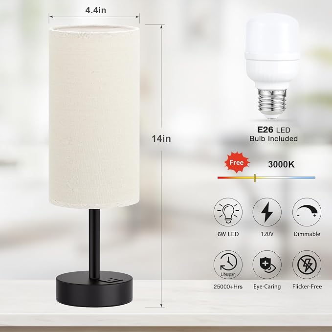 Dicoool Bedside Table Lamp for Bedroom - 3-Way Dimmable Touch Lamp, USB A+C | LED Bulb Included, 14" Small Nightstand Lamp for Desk, Living Room, Guest Room, Beige Fabric Lampshade, Black Metal Base - Image 5