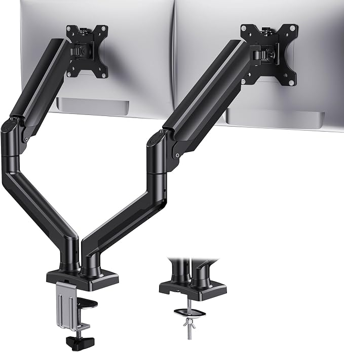 HUANUO Dual Monitor Mount for 2 Monitors up to 32 inches, Each Arm Holds Max 22lbs, Dual Monitor Stand with Advanced System, Height-Adjustable/Tilt/Swivel/Rotate, VESA Standard 75mm or 100mm by HUANUO