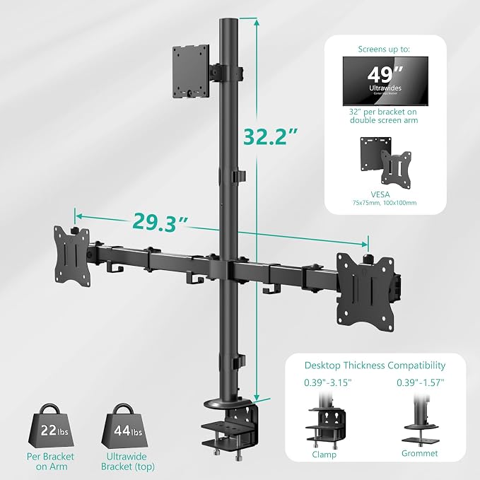 WALI Triple Monitor Mount for up to 49 inch Ultrawides on Top Bracket and 32 inch Screens on Side Brackets, Extra Tall 3 Monitors Desk Mount, Heavy Duty Monitor Arm up to 44 lbs (M003-P), Black - Image 7