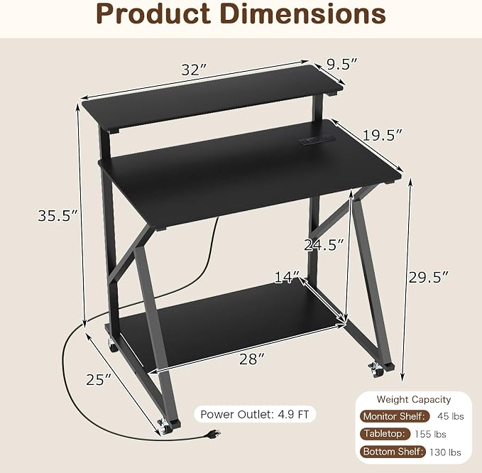 GIANTEX Rolling Small Desk with Storage, Compact Computer Desk for Small Spaces with Charging Station, Monitor Stand, Lockable Wheels, Study Writing Desk for Home Office, Bedroom (Black) - Image 3