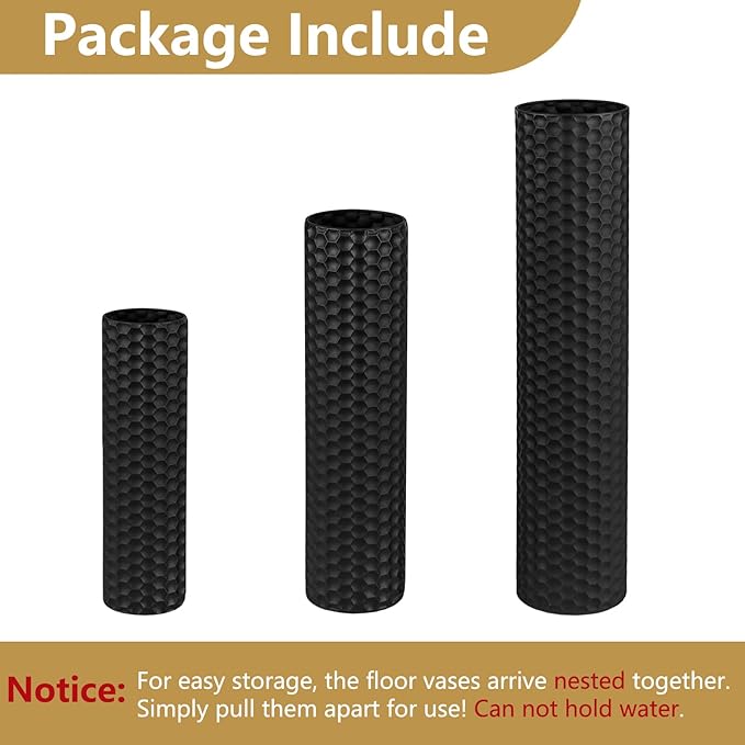 Black Tall Floor Vase - Set of 3 Extra Large Metal Decorative Vases for Living Room, 27.6" Long Modern Honeycomb Texture Big Cylinder Standing Corner Decor for Home Dining Bedroom Pampas Grass - Image 7