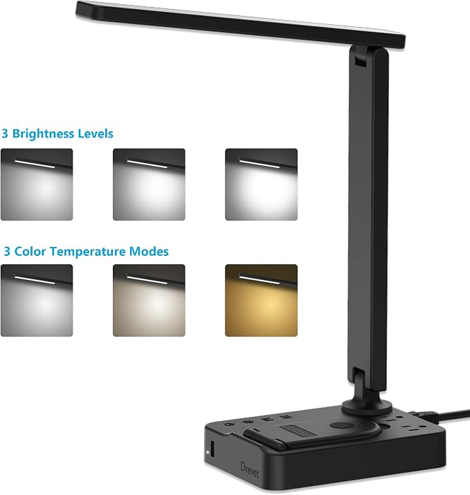 Drevet LED Desk Lamp with Wireless Charger, Desk Table Light with USB Charging Port and 2 Outlets, 3 Lighting Modes, 3 Level Brightness, 1H Timer, Touch Control, Eye-Caring Home Office Foldable Lamp - Image 2