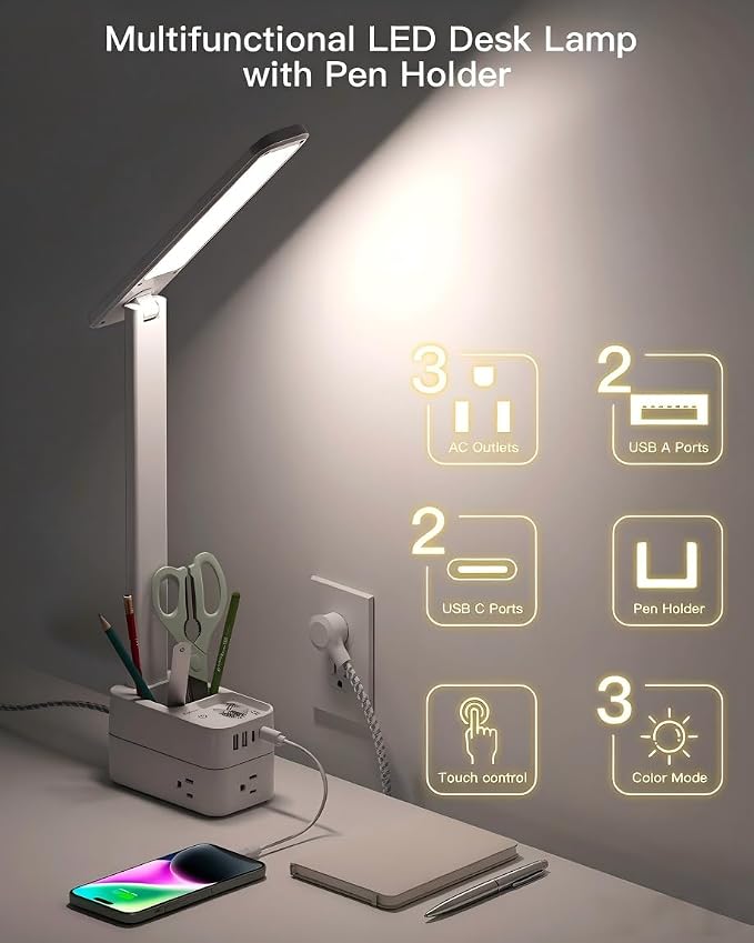 Addtam Desk Lamp with Pen Holder, LED Desk Lamps for Home Office, Power Strip with 3 Outlets 4 USB Charging Ports(2 USBC), 3 Color Modes Touch Lamp, Study Lamps for College Dorm Room Essentials, White - Image 2